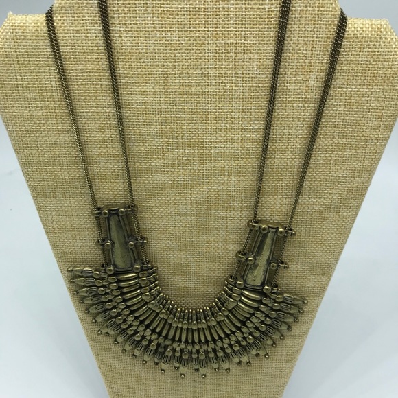 Bohemian Bar Bib Multi Chain Brass Tone Necklace - Picture 3 of 6